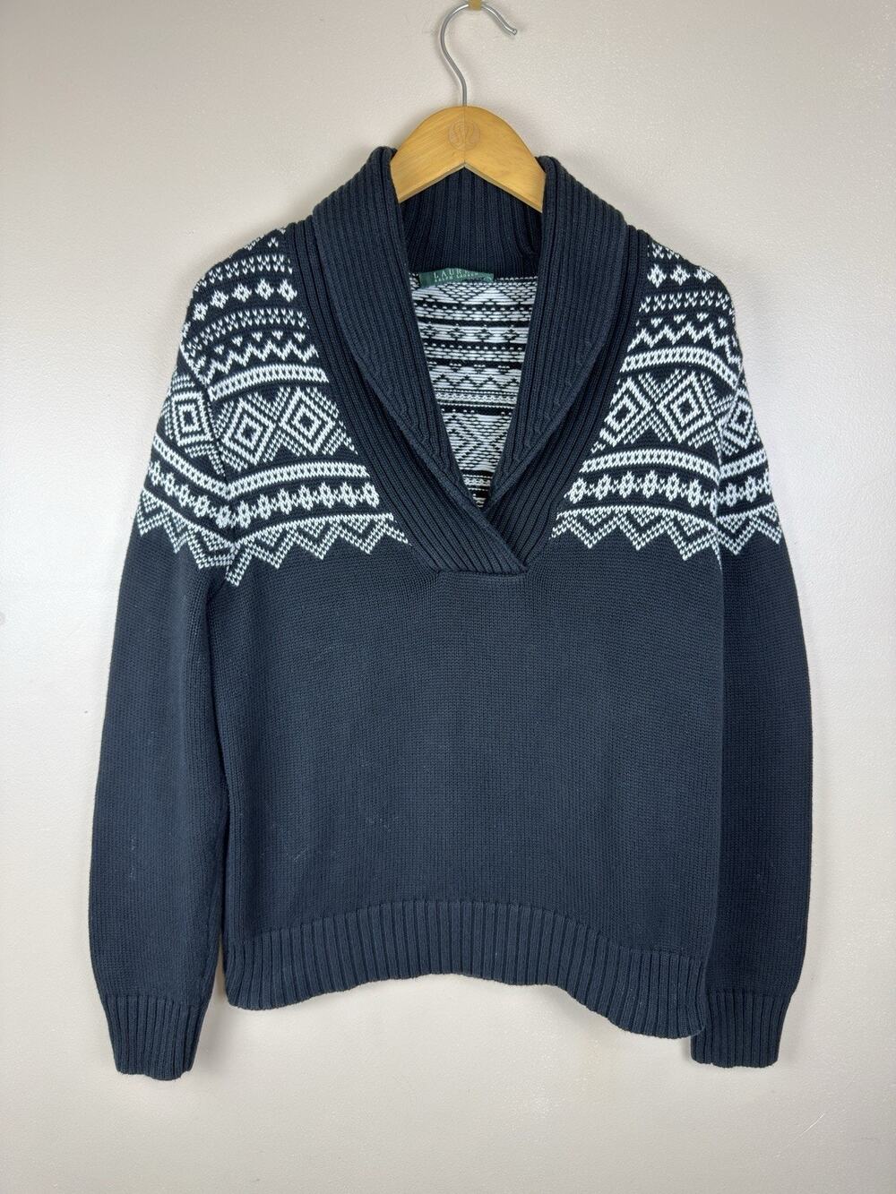 Lauren Ralph Lauren Women Size M Fair Isle Knit Sweater Shawl Neck Black White